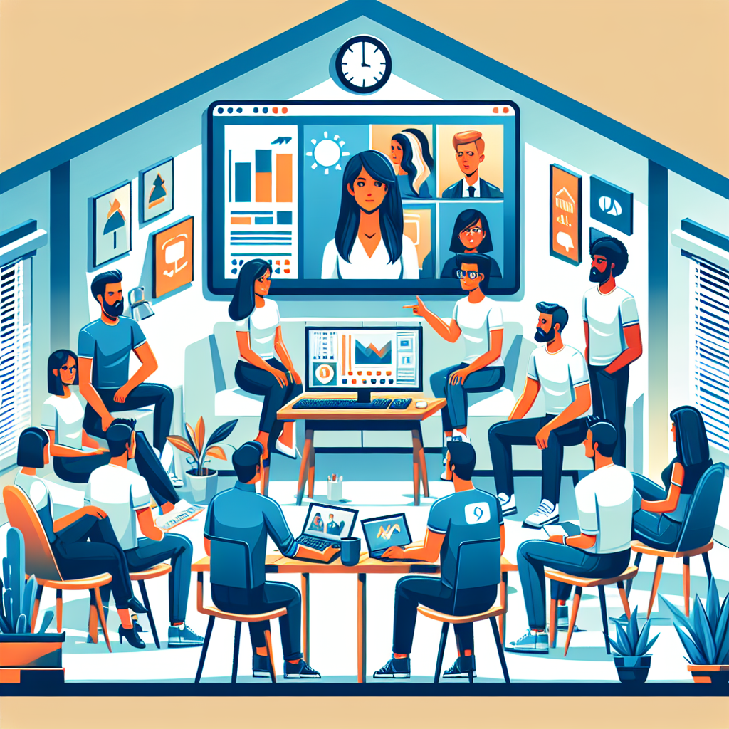 Illustration of Team on video call in a Home office setting, with a focused mood.