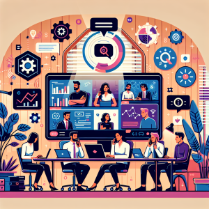 Illustration of Team on video call in a Home office setting, with a focused mood.