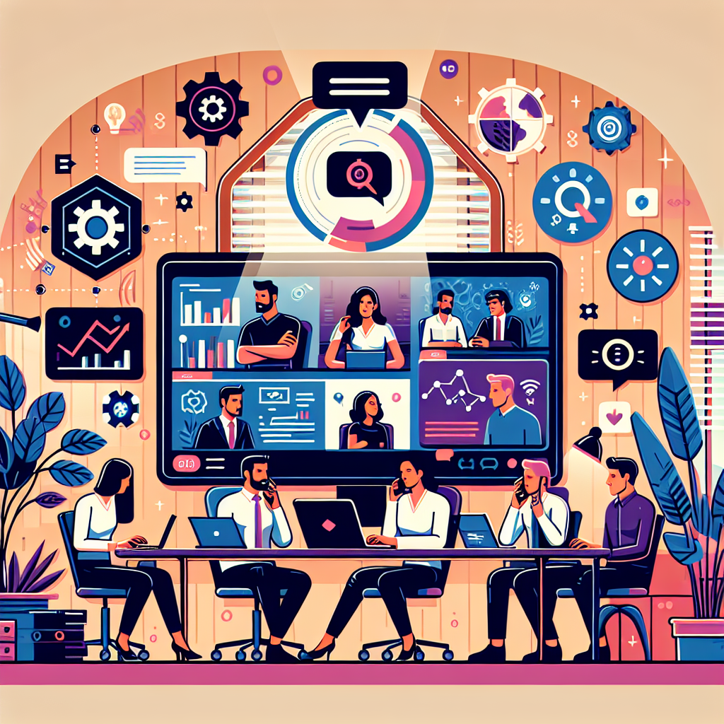 Illustration of Team on video call in a Home office setting, with a focused mood.