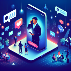 Illustration of Person holding smartphone showing virtual phone number in a Night workspace with ambient lighting setting, with a creative mood.