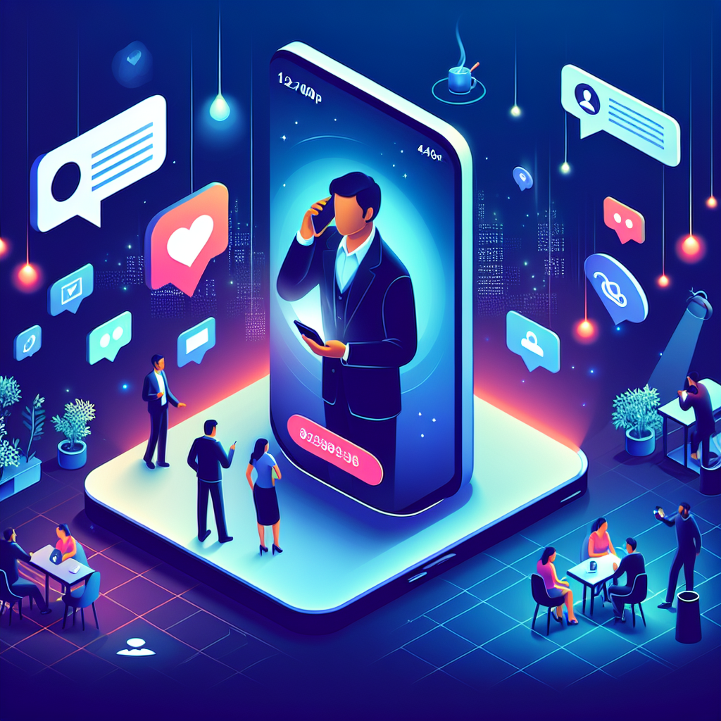 Illustration of Person holding smartphone showing virtual phone number in a Night workspace with ambient lighting setting, with a creative mood.