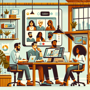 Illustration of Team on video call in a Home office setting, with a focused mood.