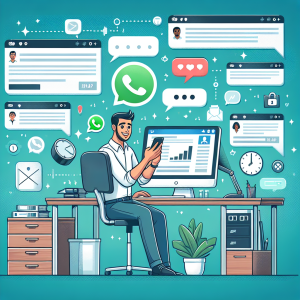 Illustration of Customer support agent replying to WhatsApp on desktop in a Digital workspace with screens setting, with a inspired mood.