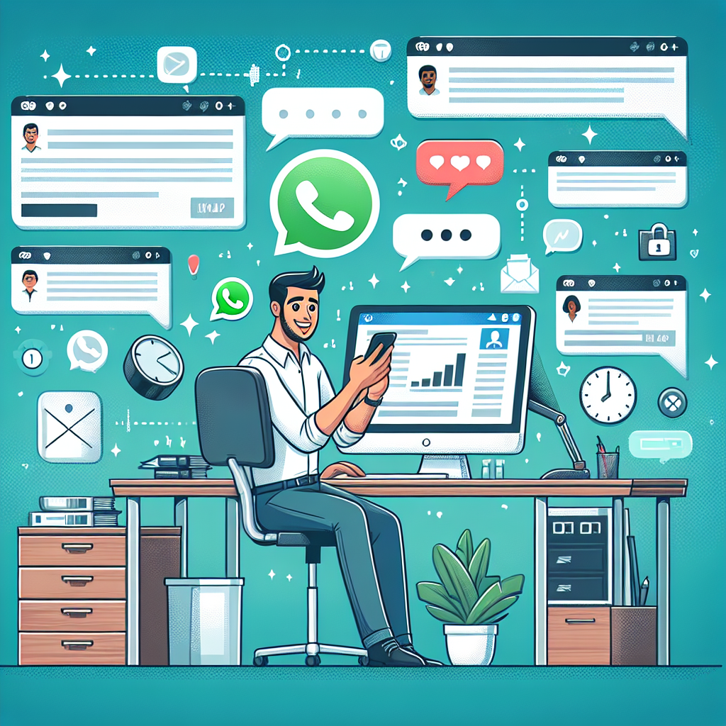 Illustration of Customer support agent replying to WhatsApp on desktop in a Digital workspace with screens setting, with a inspired mood.