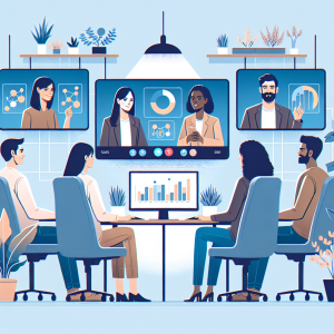 Illustration of Team on video call in a Home office setting, with a focused mood.