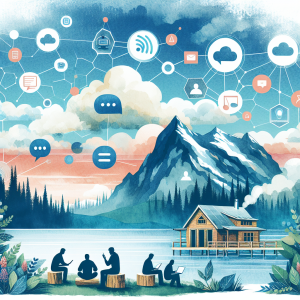 Illustration of Abstract background showing interconnected chat platforms in a Nature retreat (mountain/lake cabin setup) setting, with a focused mood.