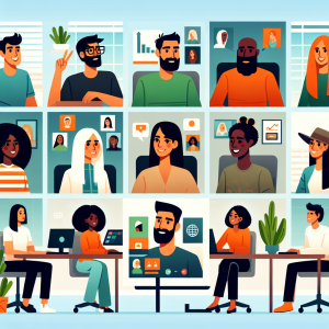 Illustration of Team on video call in a Home office setting, with a focused mood.