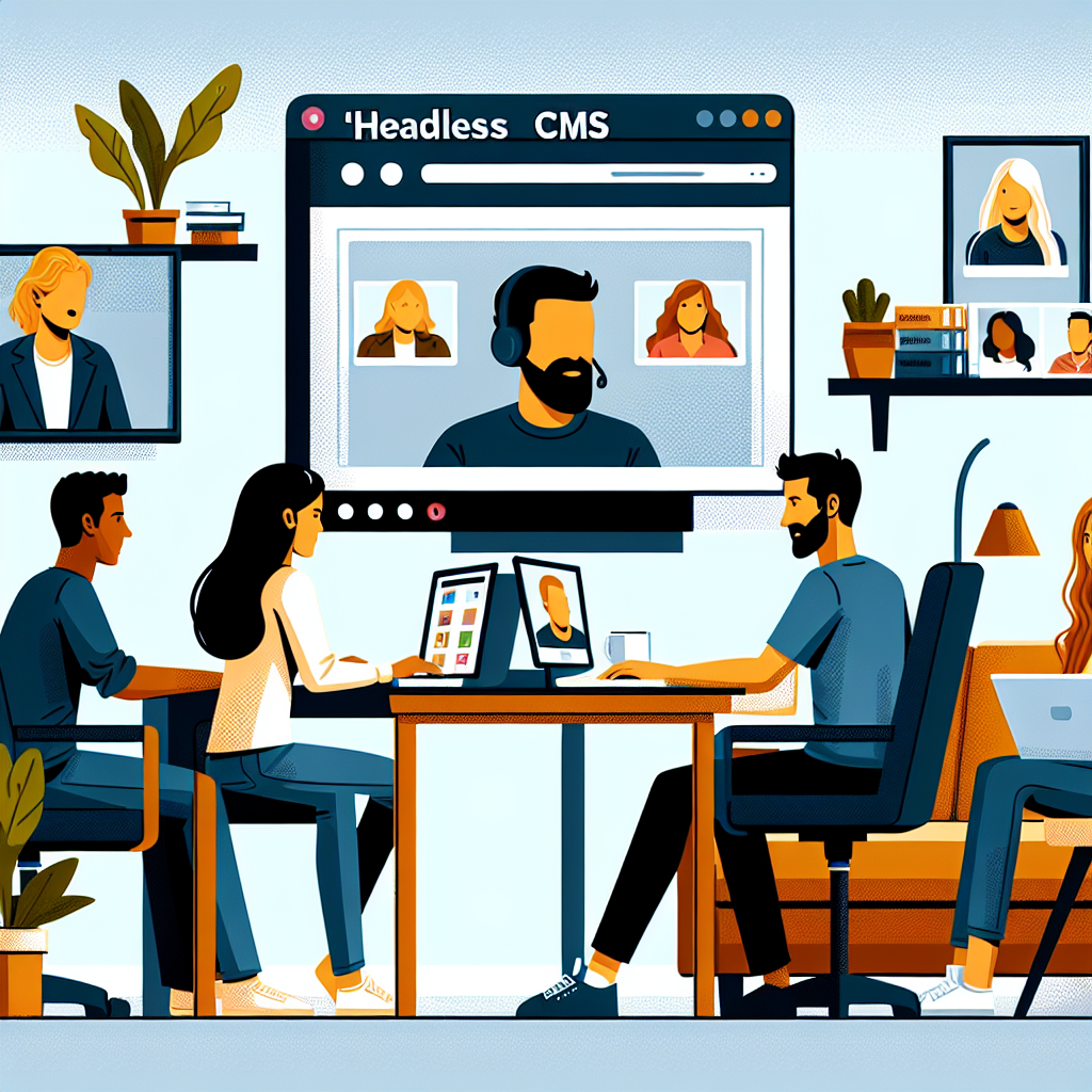 Illustration of Team on video call in a Home office setting, with a focused mood.