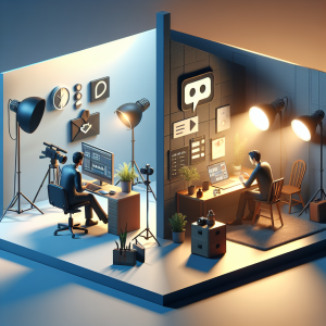 Illustration of Split screen with personal and work chats in a Content creation studio (lights setting, with a determined mood.