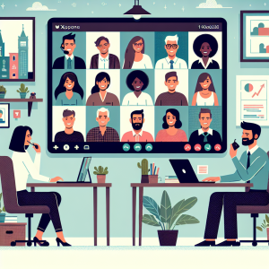 Illustration of Team on video call in a Home office setting, with a focused mood.