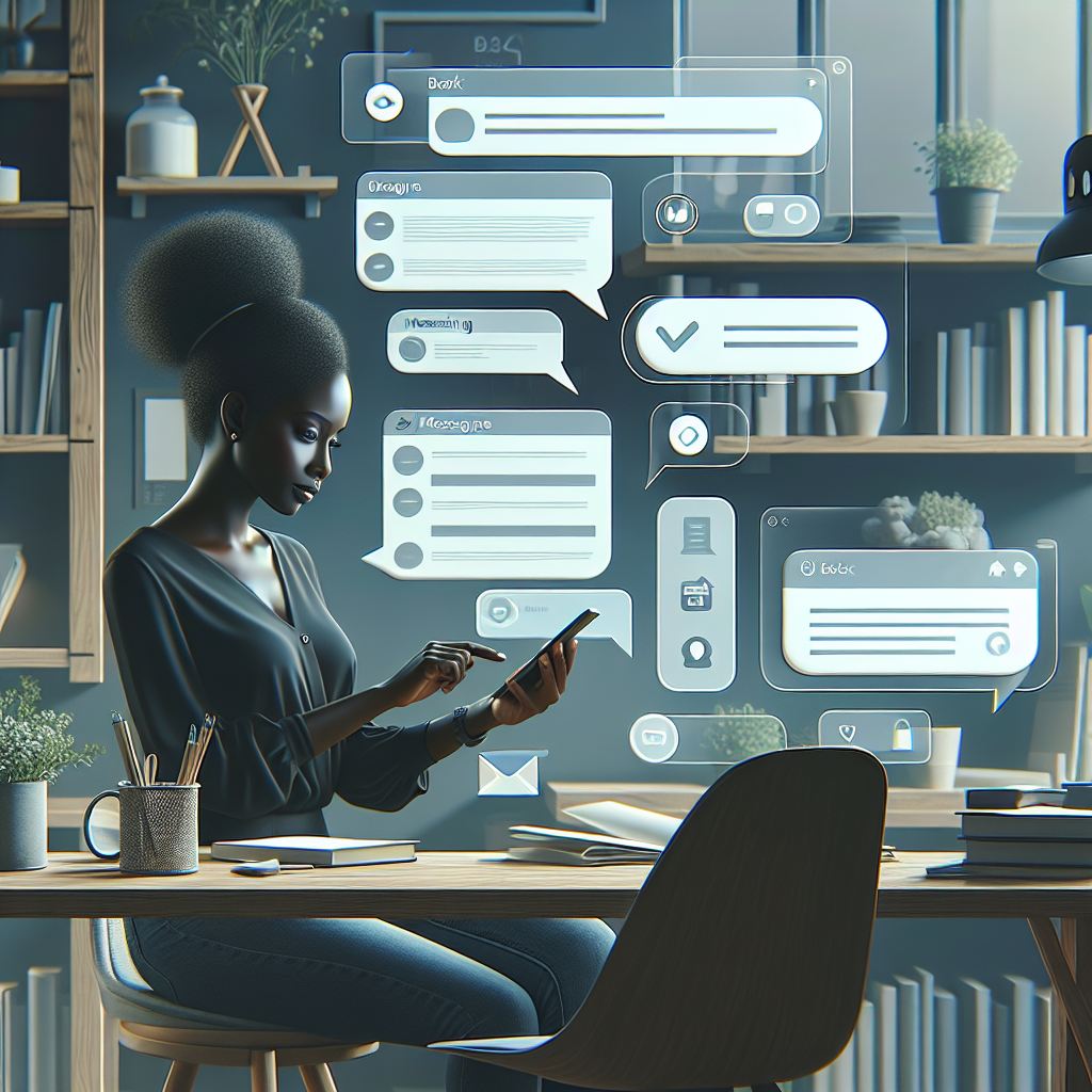 Illustration of Person switching between messaging accounts in a Bookshelves and creative decor setting, with a focused mood.