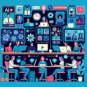 Illustration of Team on video call in a Home office setting, with a focused mood.