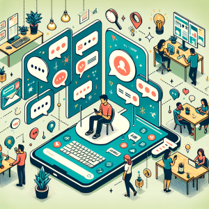 Illustration of user texting with multiple chat bubbles in a modern workspace setting, with a creative mood.