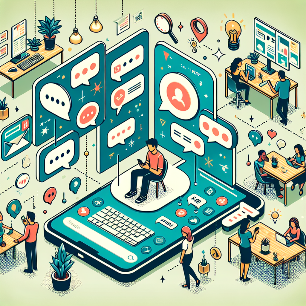 Illustration of user texting with multiple chat bubbles in a modern workspace setting, with a creative mood.