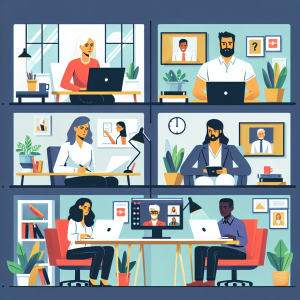 Illustration of Team on video call in a Home office setting, with a focused mood.