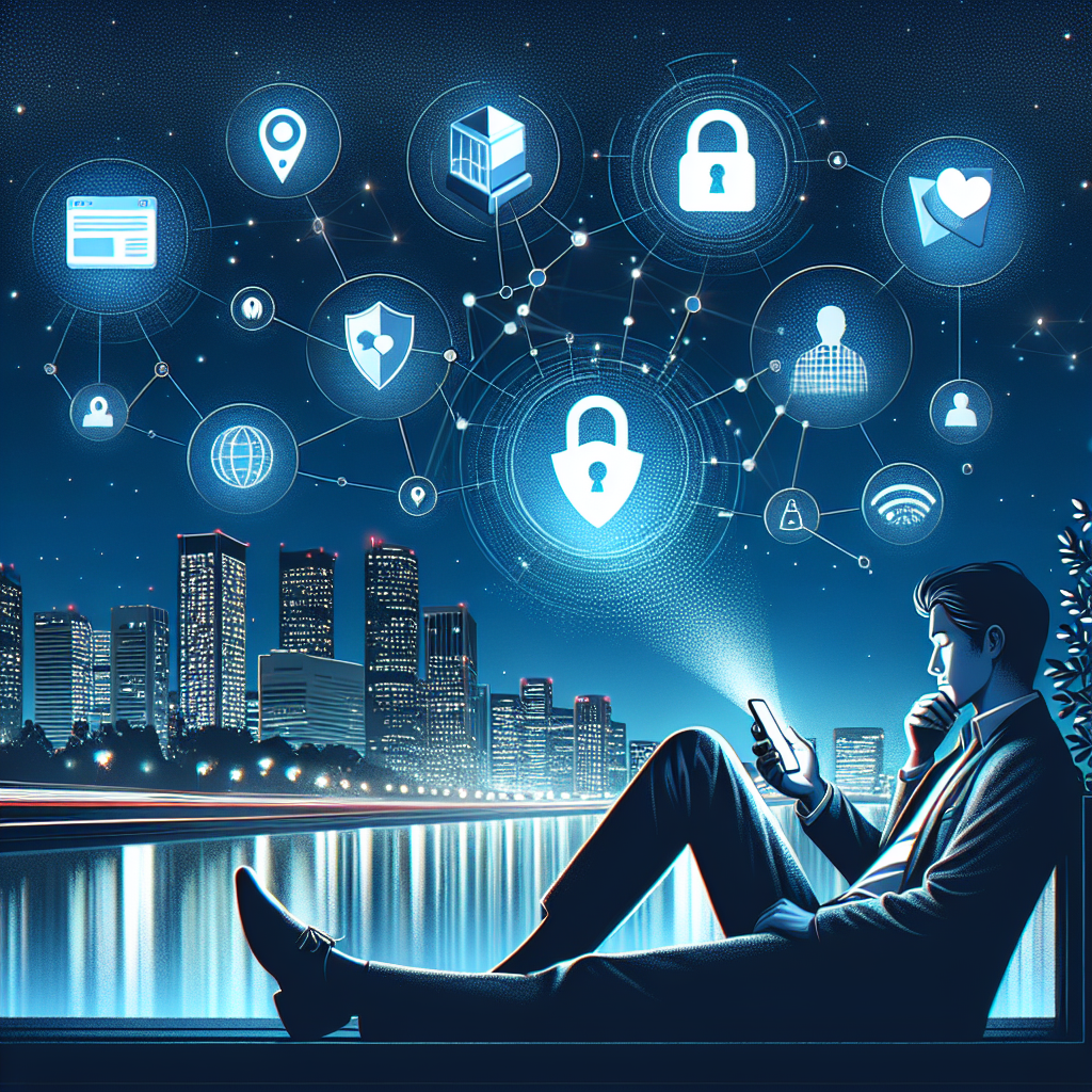 Illustration of hand holding phone with notifications in a city skyline at night setting, with a relaxed mood.