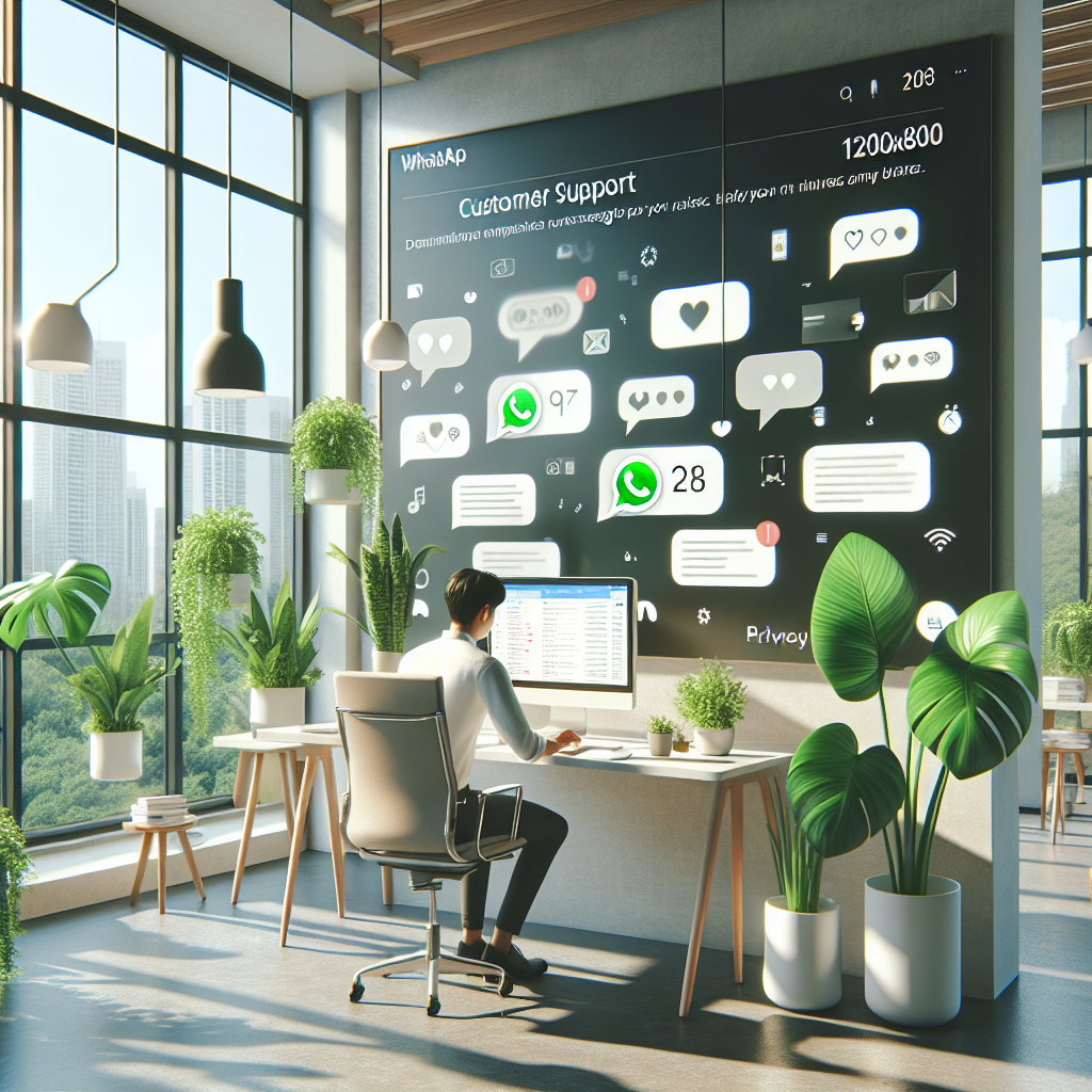 Illustration of Customer support agent replying to WhatsApp on desktop in a Window with sunlight and plants setting, with a creative mood.