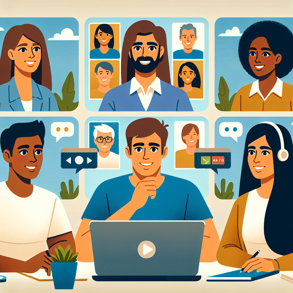 Illustration of Team on video call in a Home office setting, with a focused mood.