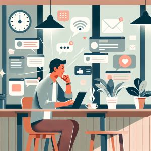 Illustration of person managing messages from devices in a coffee shop setting setting, with a relaxed mood.