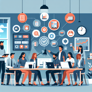 Illustration of Team on video call in a Home office setting, with a focused mood.