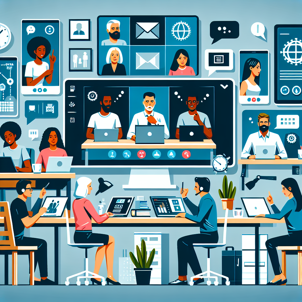 Illustration of Team on video call in a Home office setting, with a focused mood.