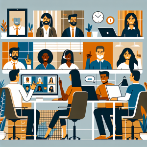 Illustration of Team on video call in a Home office setting, with a focused mood.