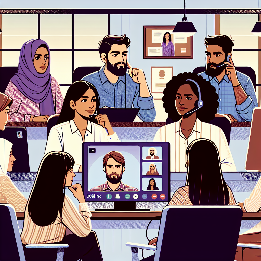 Illustration of Team on video call in a Home office setting, with a focused mood.