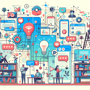 Illustration of Abstract background showing interconnected chat platforms in a Bookshelves and creative decor setting, with a inspired mood.