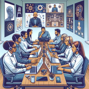 Illustration of Team on video call in a Home office setting, with a focused mood.