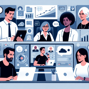 Illustration of Team on video call in a Home office setting, with a focused mood.