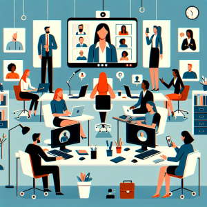 Illustration of Team on video call in a Home office setting, with a focused mood.