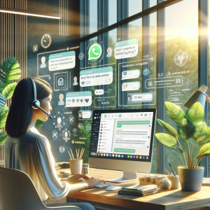 Illustration of Customer support agent replying to WhatsApp on desktop in a Window with sunlight and plants setting, with a inspired mood.