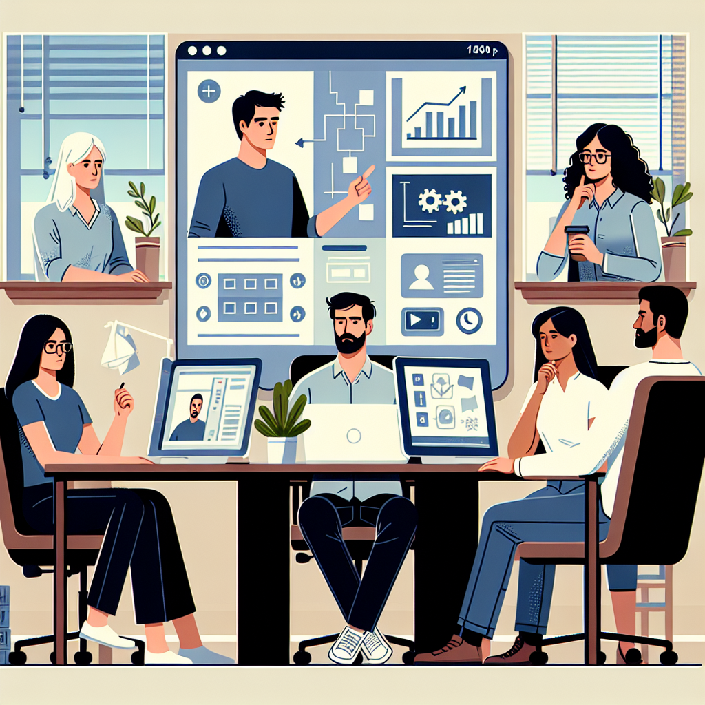 Illustration of Team on video call in a Home office setting, with a focused mood.
