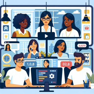 Illustration of Team on video call in a Home office setting, with a focused mood.