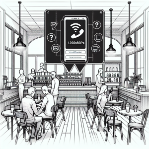 Illustration of virtual phone number concept on screen in a coffee shop setting setting, with a relaxed mood.
