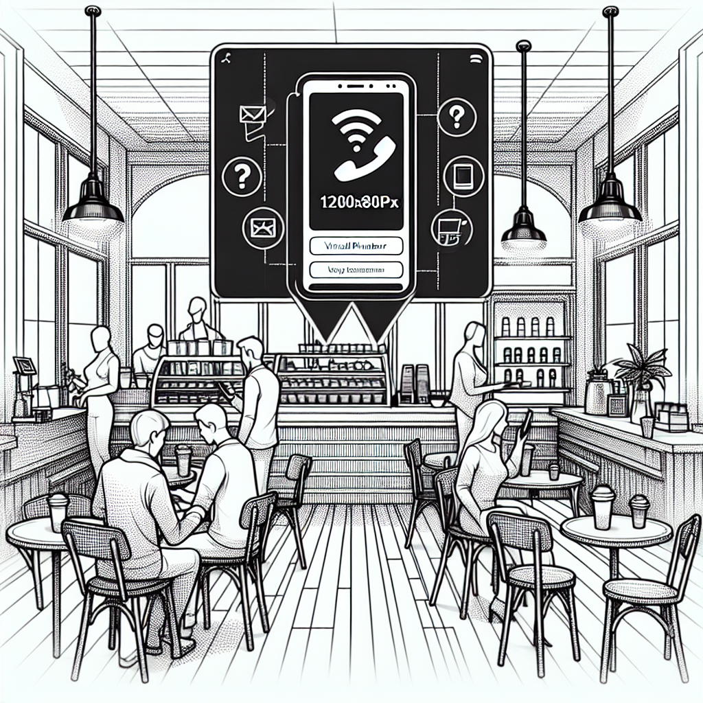 Illustration of virtual phone number concept on screen in a coffee shop setting setting, with a relaxed mood.