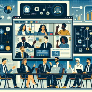 Illustration of Team on video call in a Home office setting, with a focused mood.