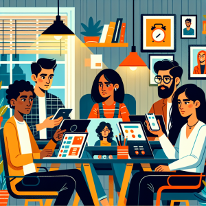 Illustration of Team on video call in a Home office setting, with a focused mood.