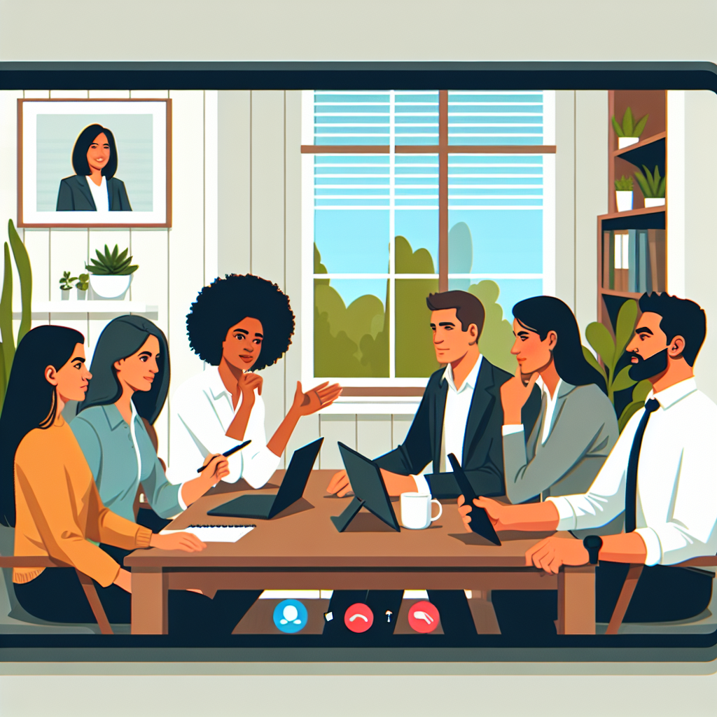 Illustration of Team on video call in a Home office setting, with a focused mood.