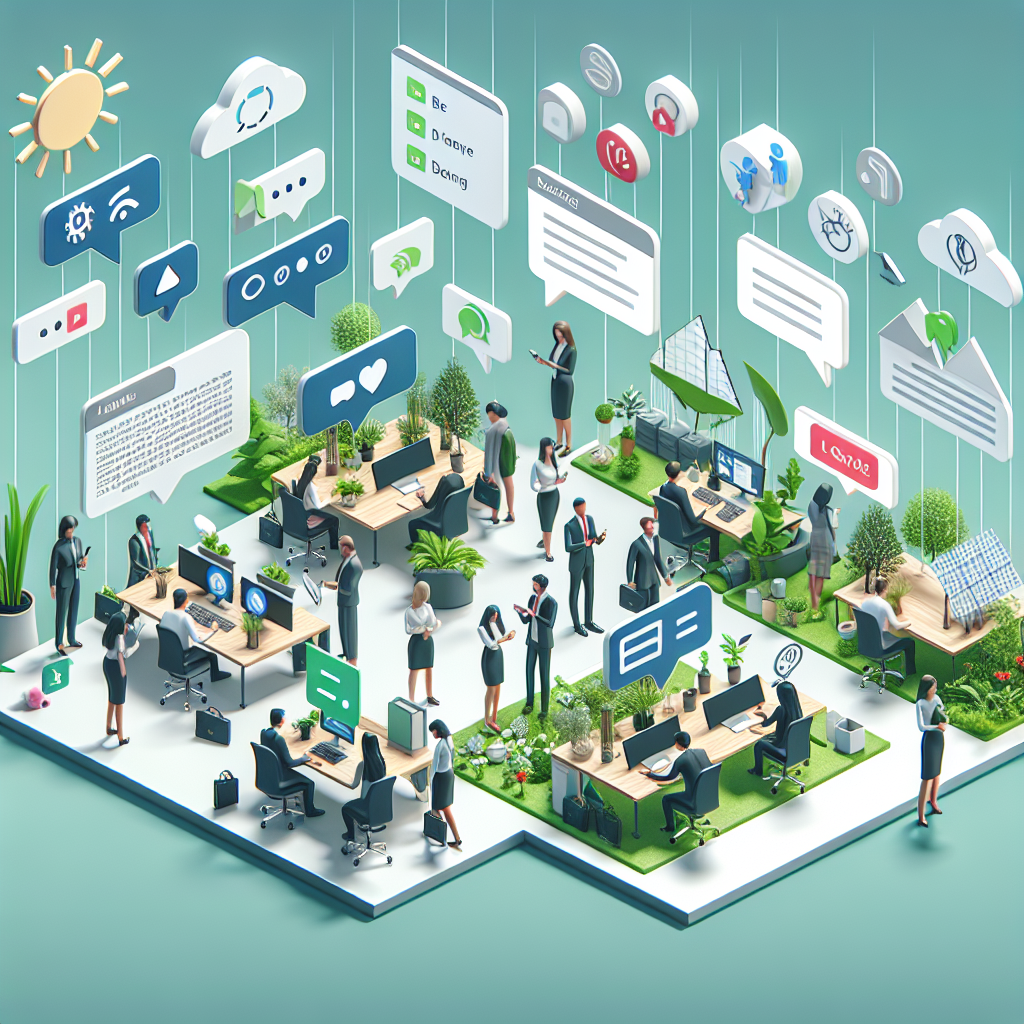 Illustration of Business team collaborating via messaging apps in a eco-friendly office setting, with a relaxed mood.