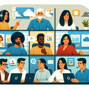 Illustration of Team on video call in a Home office setting, with a focused mood.