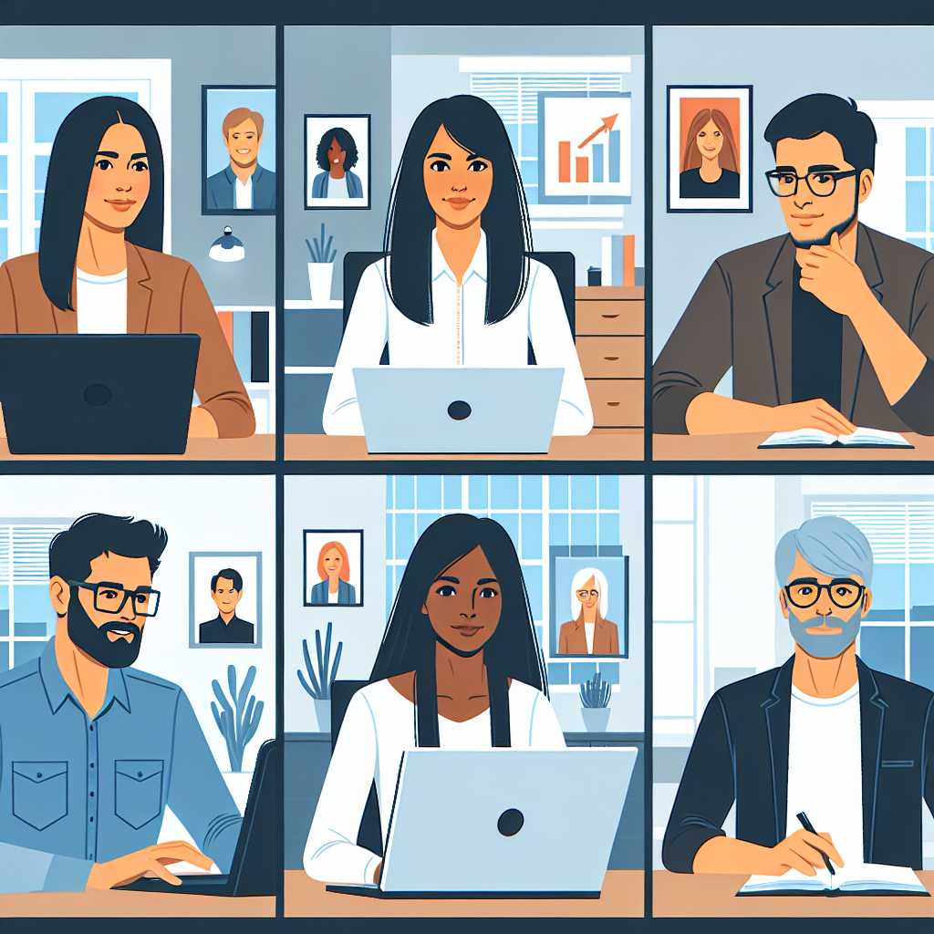 Illustration of Team on video call in a Home office setting, with a focused mood.