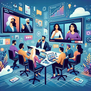 Illustration of Team on video call in a Home office setting, with a focused mood.