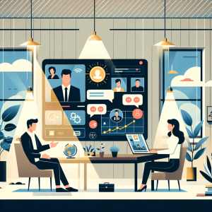 Illustration of Virtual assistant in video call with client in a Window with sunlight and plants setting, with a determined mood.