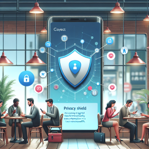Illustration of Privacy shield icon over smartphone in a Café / Coffee shop setting, with a relaxed mood.