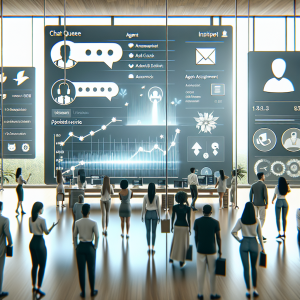 Illustration of Dashboard with chat queue and agent assignment in a Minimalist tech workspace setting, with a inspired mood.