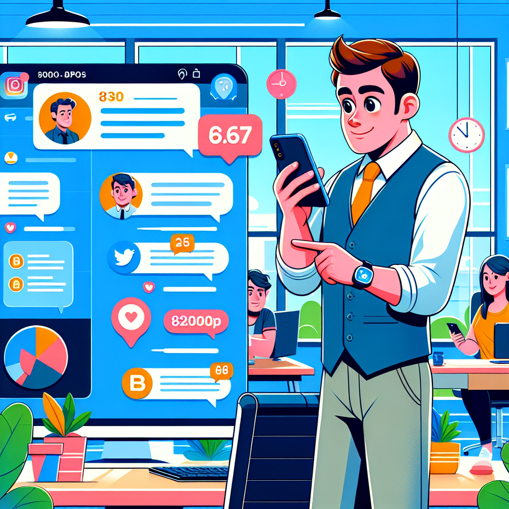 Illustration of hand holding phone with notifications in a modern workspace setting, with a determined mood.