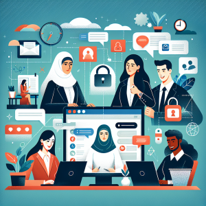 Illustration of Business team collaborating via messaging apps in a Digital workspace with screens setting, with a determined mood.