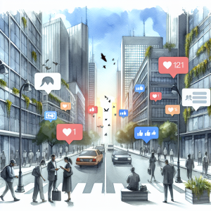Illustration of Split screen with personal and work chats in a Urban street view setting, with a determined mood.