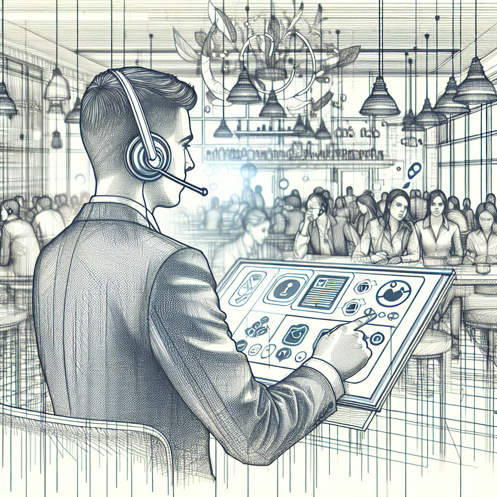 Illustration of Agent using XAPP interface with headset in a Café / Coffee shop setting, with a focused mood.